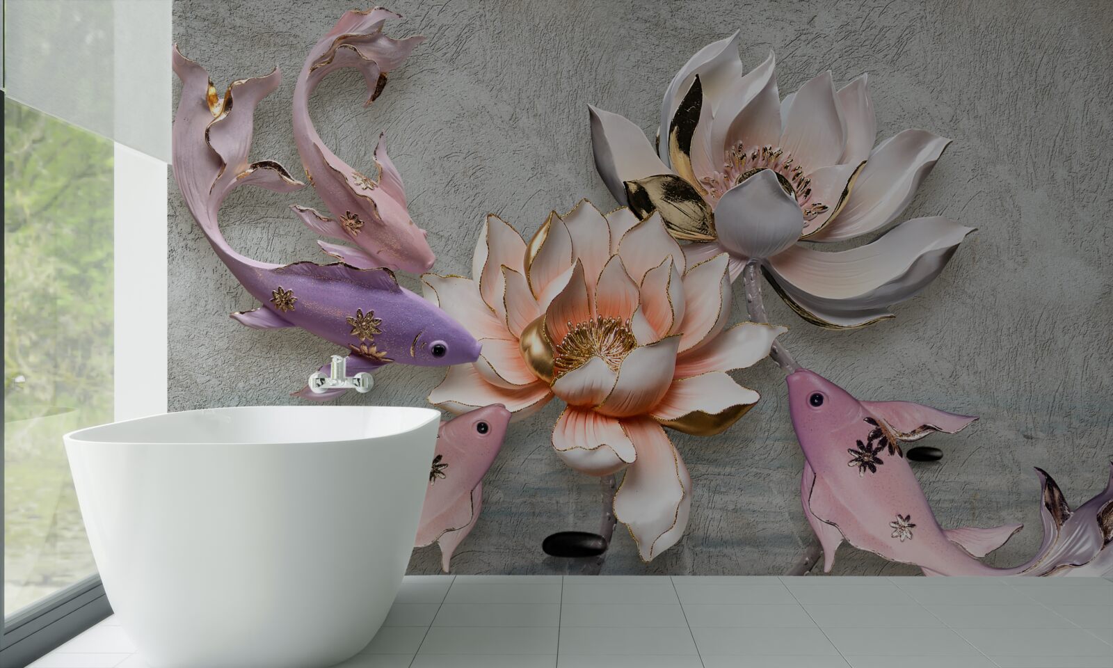 Fotobehang bloemen bij een meer waarin zwanen zwemmen