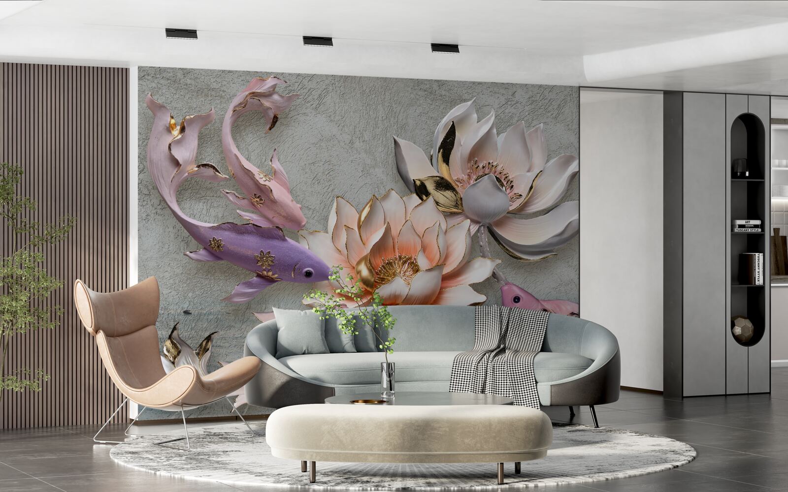 Fotobehang bloemen bij een meer waarin zwanen zwemmen