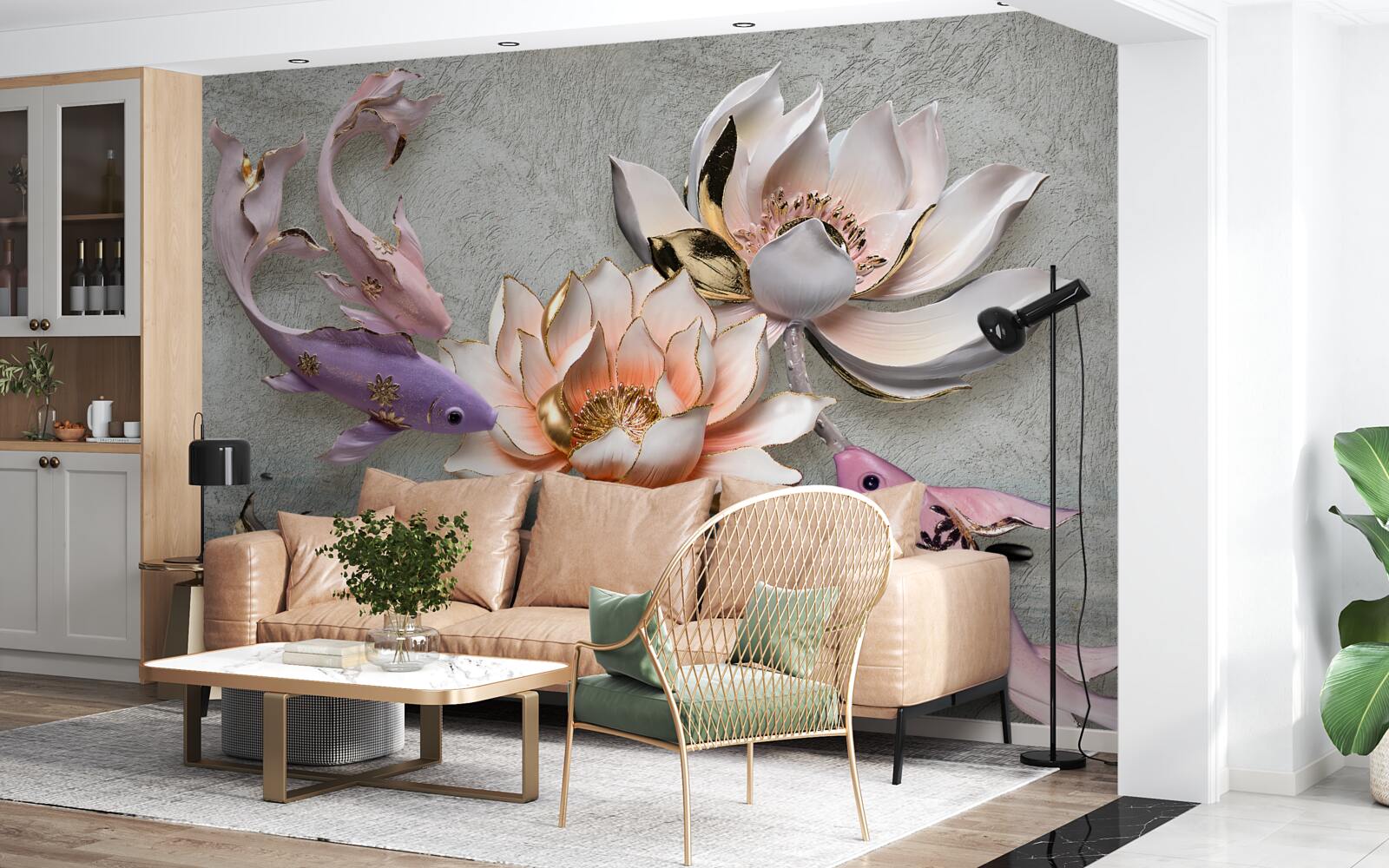 Fotobehang bloemen bij een meer waarin zwanen zwemmen