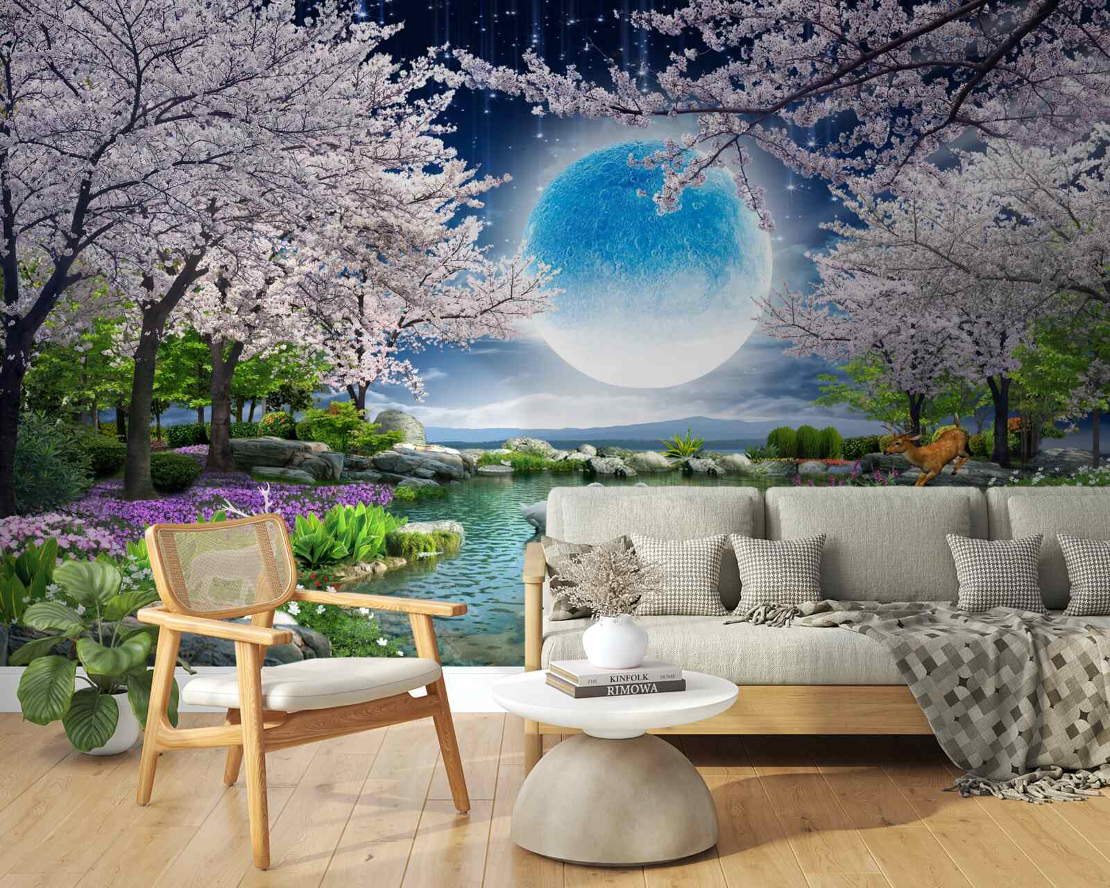 Fotobehang magisch bos onder de koepel van een enorme maan