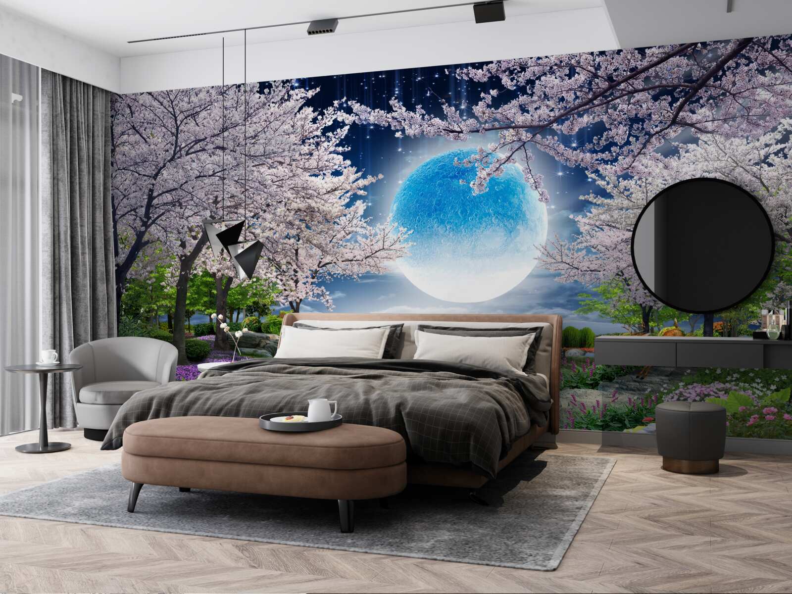 Fotobehang magisch bos onder de koepel van een enorme maan