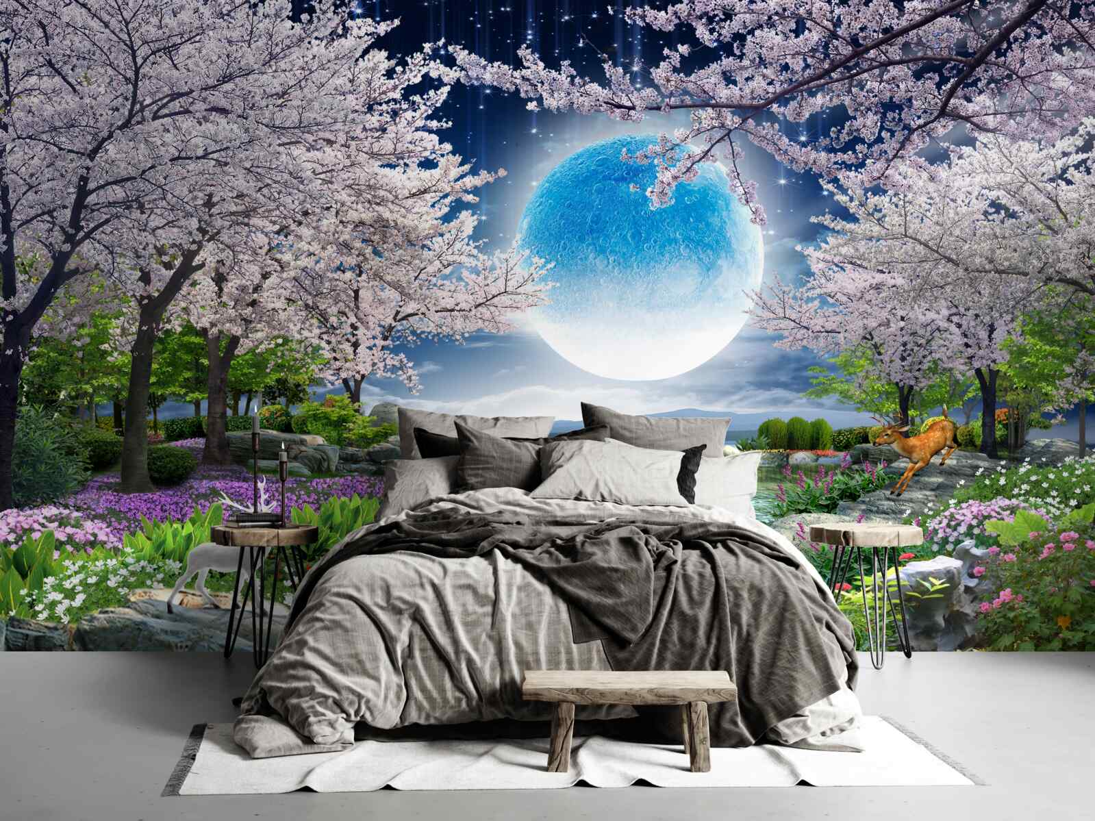 Fotobehang magisch bos onder de koepel van een enorme maan