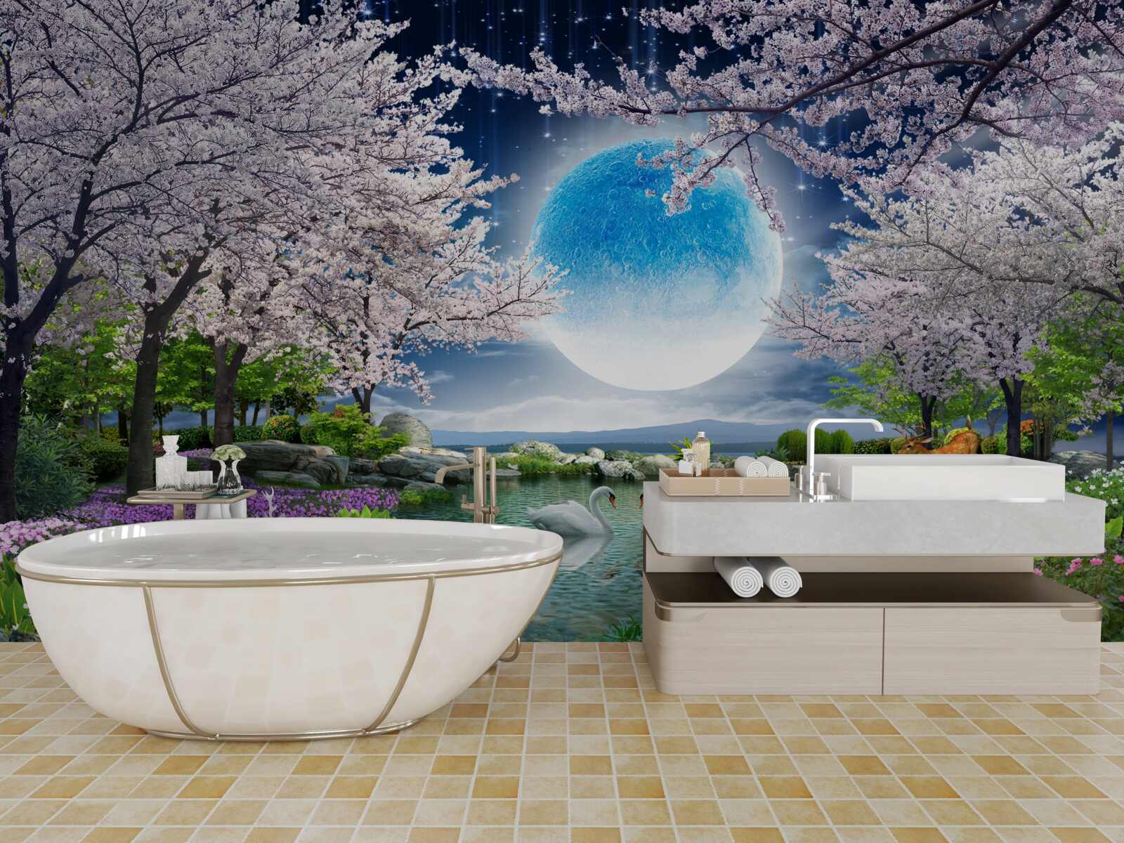 Fotobehang magisch bos onder de koepel van een enorme maan