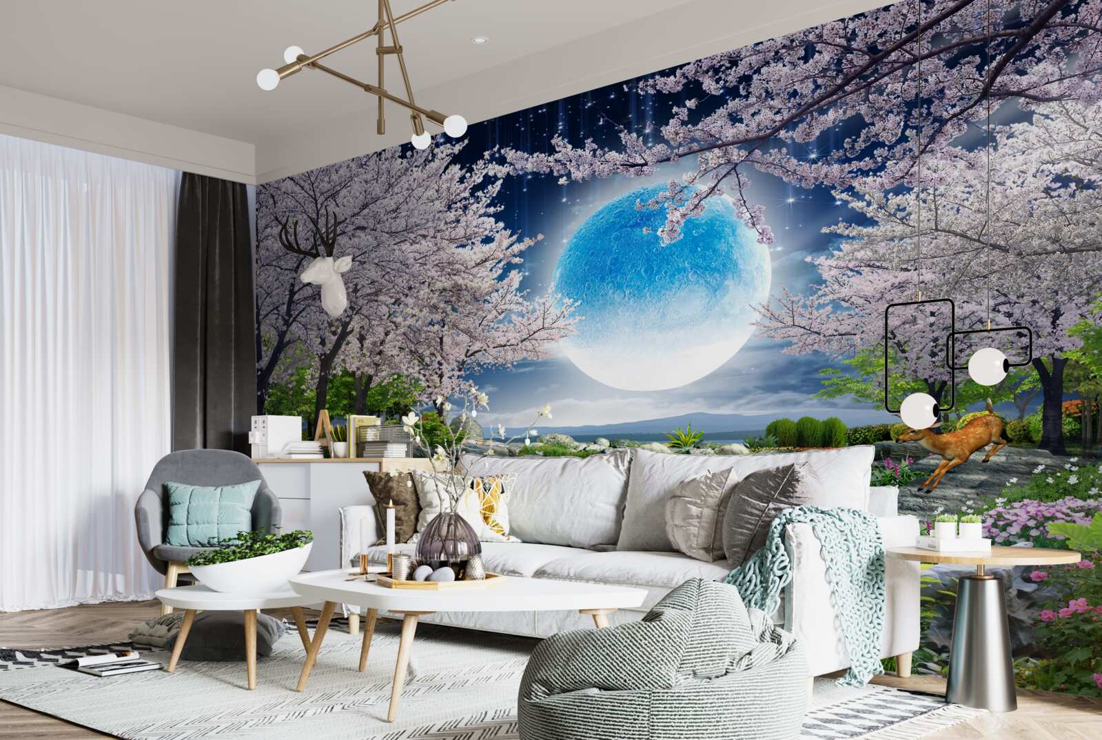 Fotobehang magisch bos onder de koepel van een enorme maan