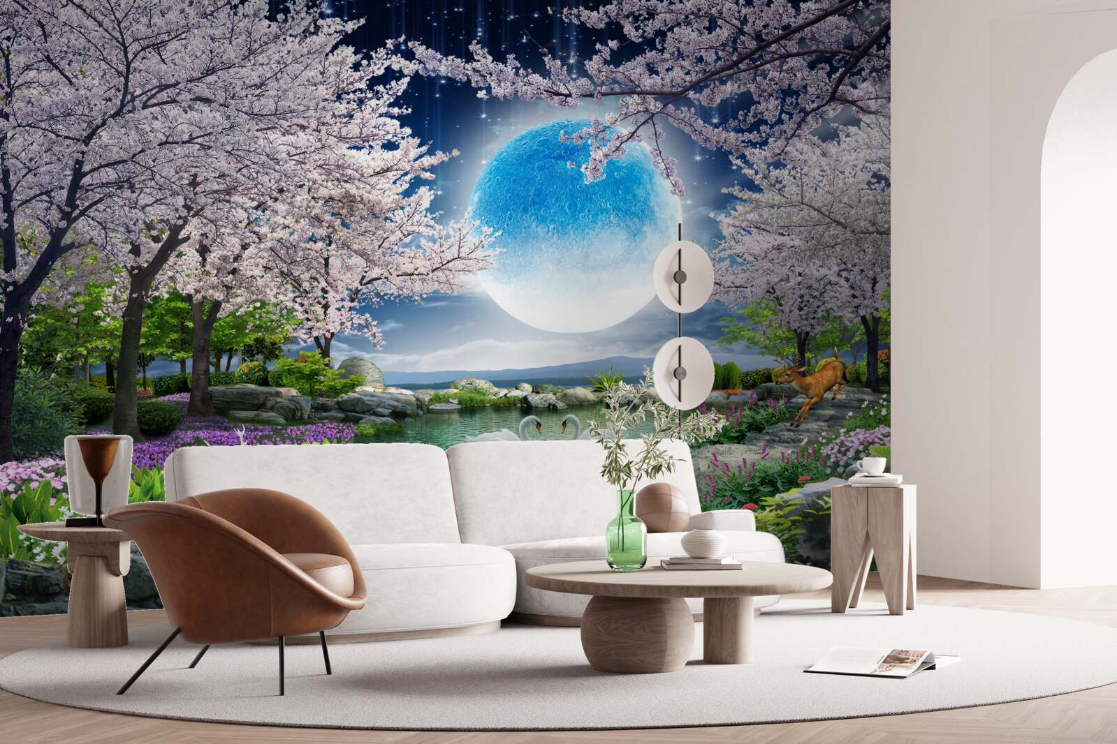 Fotobehang magisch bos onder de koepel van een enorme maan