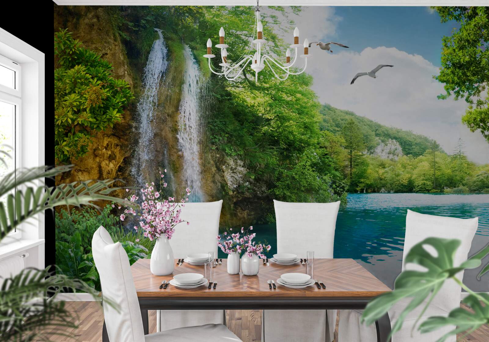 Fotobehang fabelachtige natuurlijke schoonheid omringt de waterval en het meer