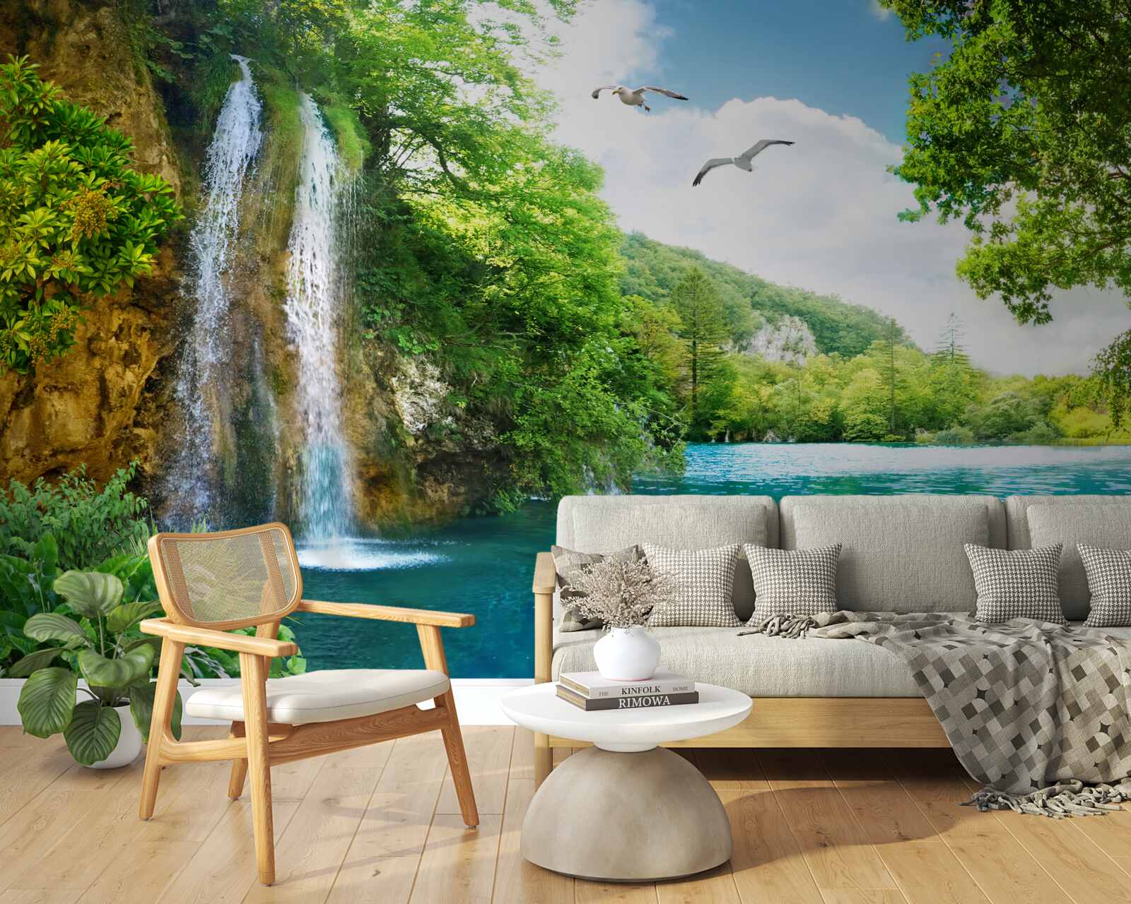 Fotobehang fabelachtige natuurlijke schoonheid omringt de waterval en het meer