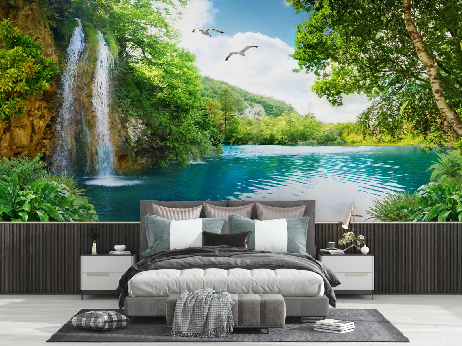 Fotobehang fabelachtige natuurlijke schoonheid omringt de waterval en het meer