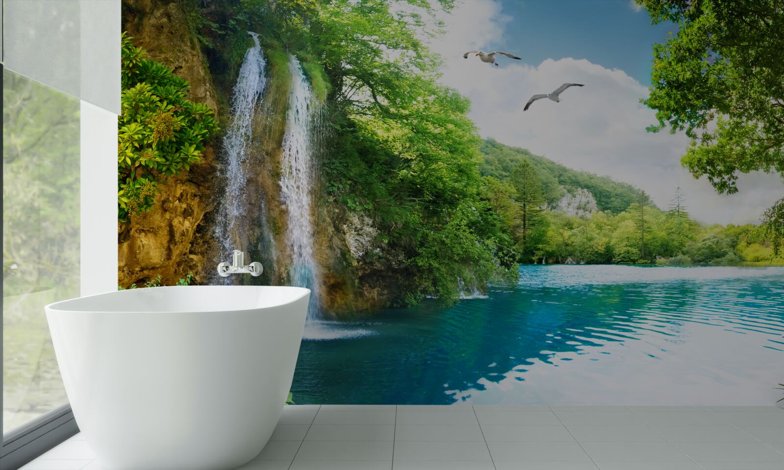 Fotobehang fabelachtige natuurlijke schoonheid omringt de waterval en het meer