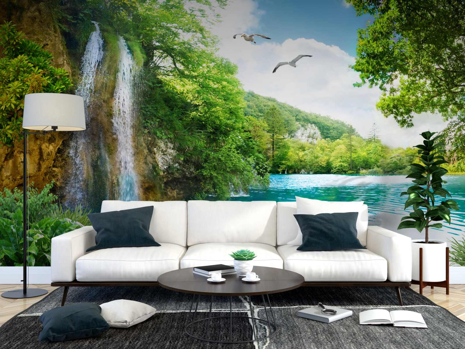 Fotobehang fabelachtige natuurlijke schoonheid omringt de waterval en het meer