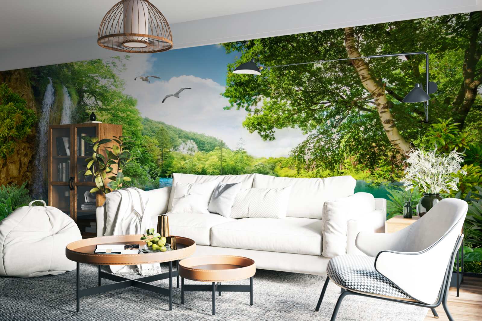 Fotobehang fabelachtige natuurlijke schoonheid omringt de waterval en het meer