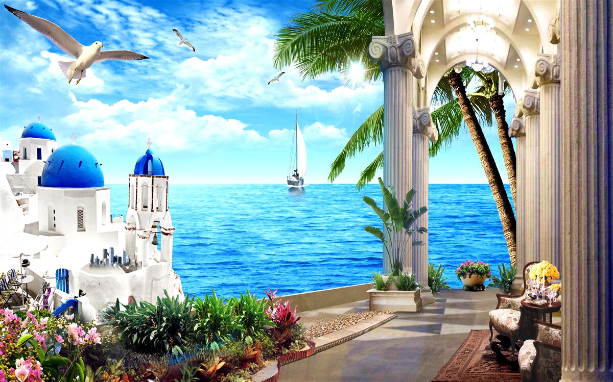 Fotobehang Griekse zuilengalerij die naar de zee leidt