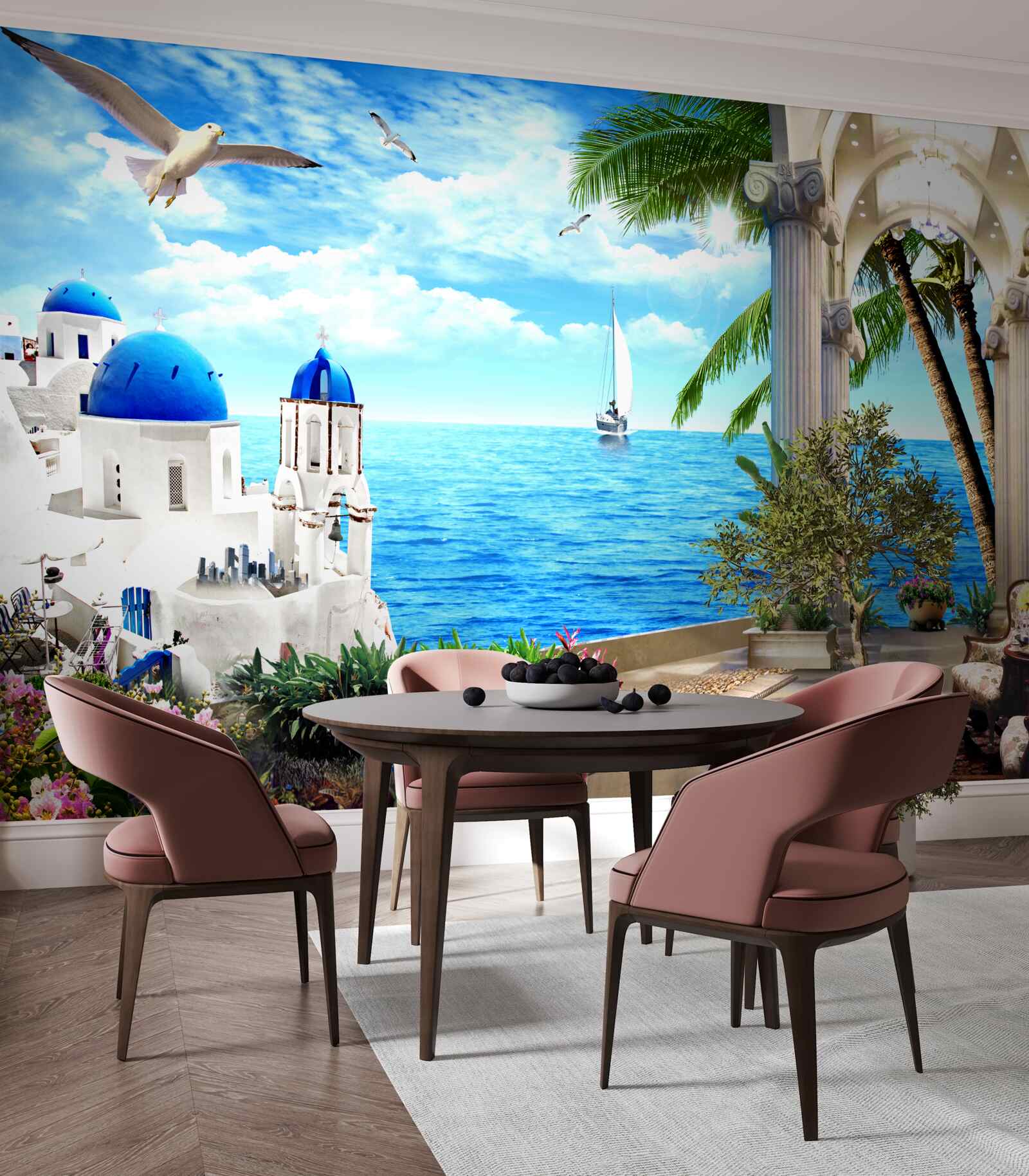 Fotobehang Griekse zuilengalerij die naar de zee leidt