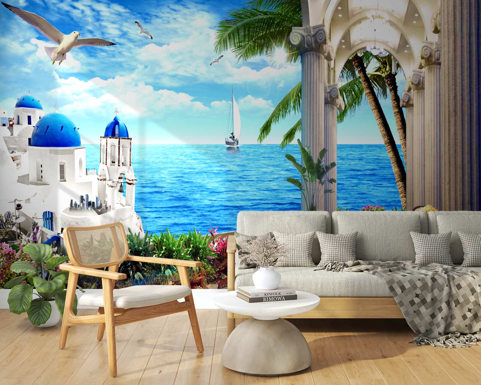 Fotobehang Griekse zuilengalerij die naar de zee leidt