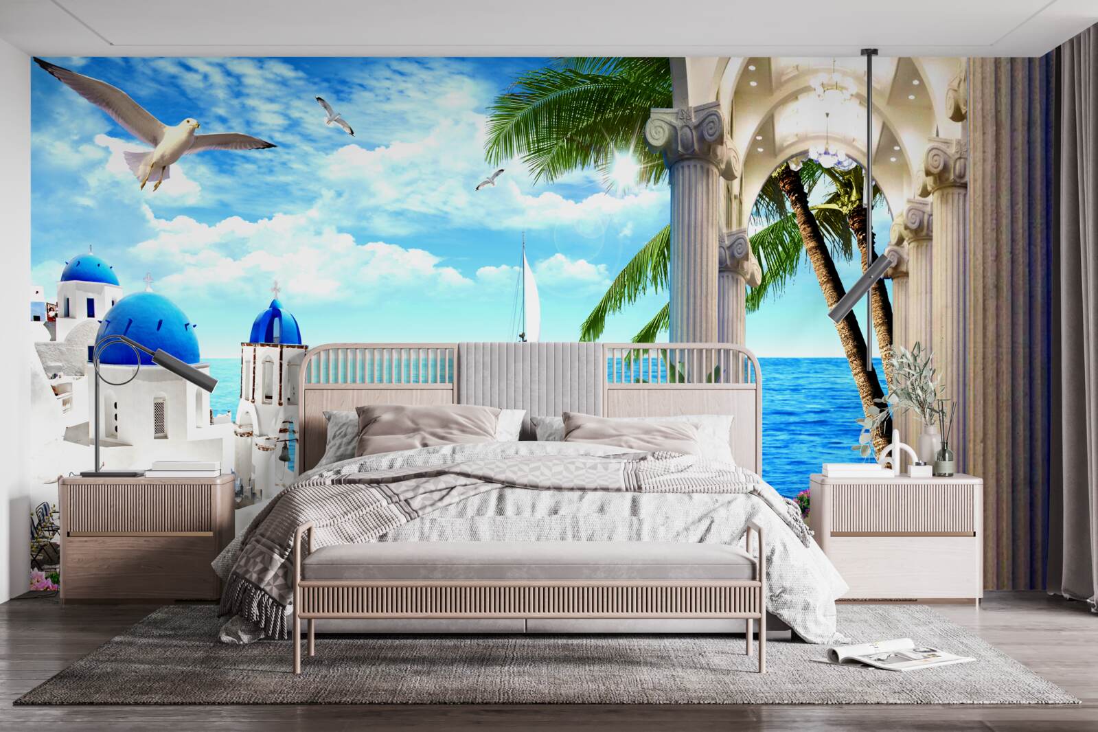 Fotobehang Griekse zuilengalerij die naar de zee leidt