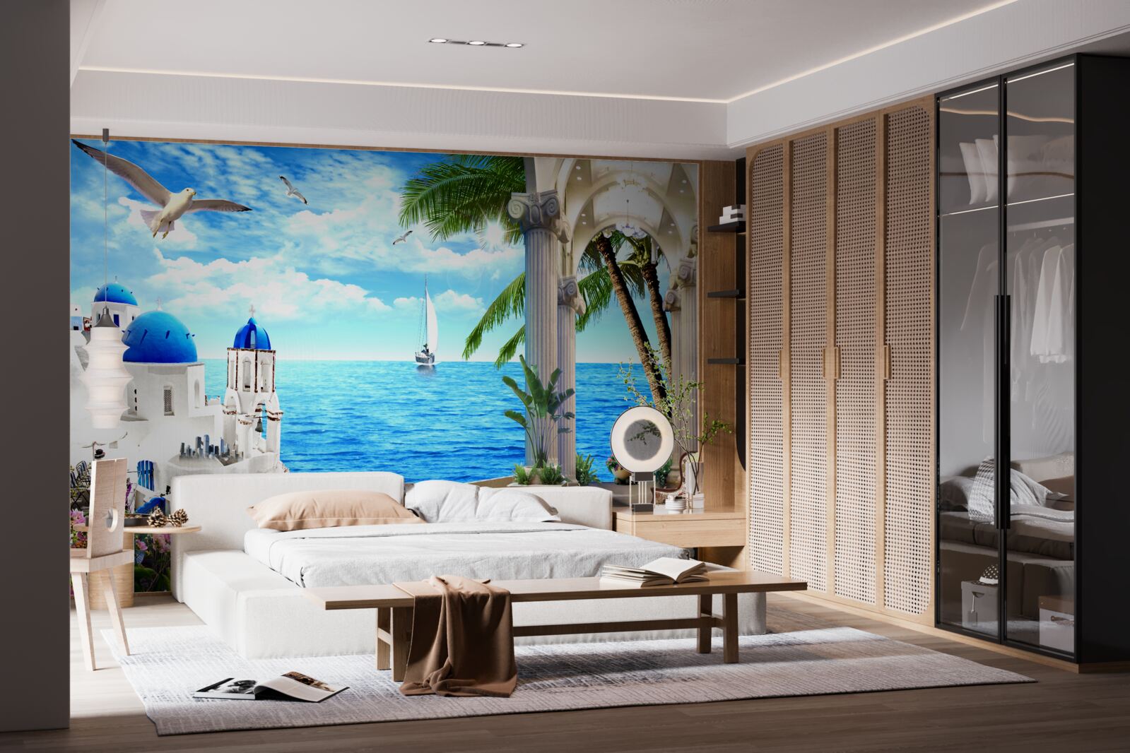 Fotobehang Griekse zuilengalerij die naar de zee leidt