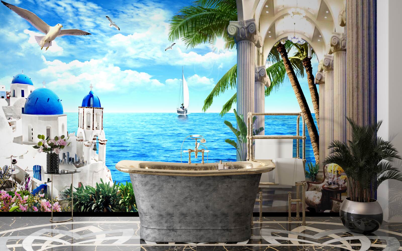 Fotobehang Griekse zuilengalerij die naar de zee leidt