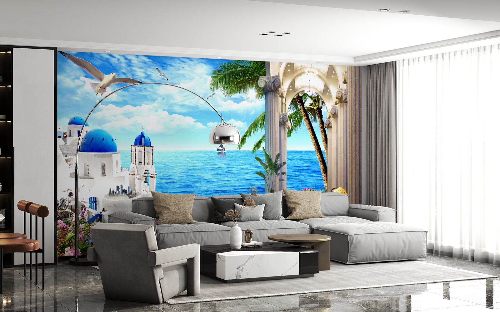 Fotobehang Griekse zuilengalerij die naar de zee leidt