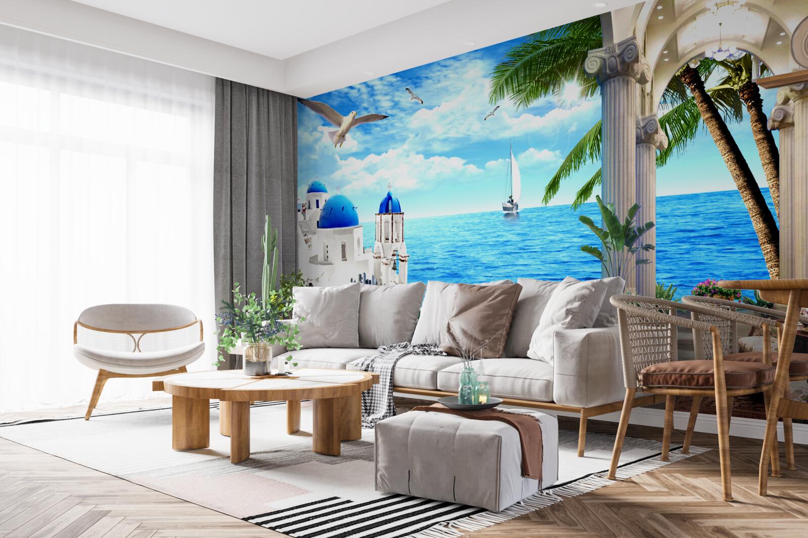 Fotobehang Griekse zuilengalerij die naar de zee leidt