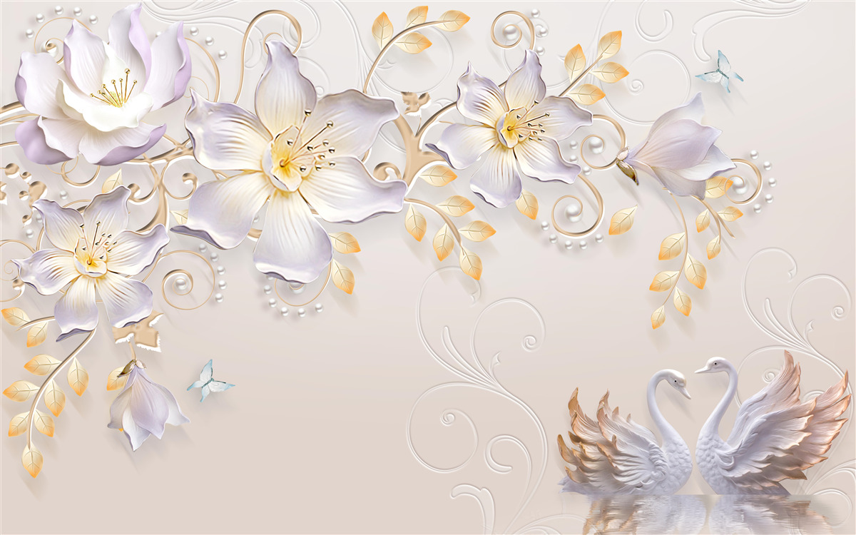 Fotobehang Sneeuwwitte zwanen en lichte knoppen