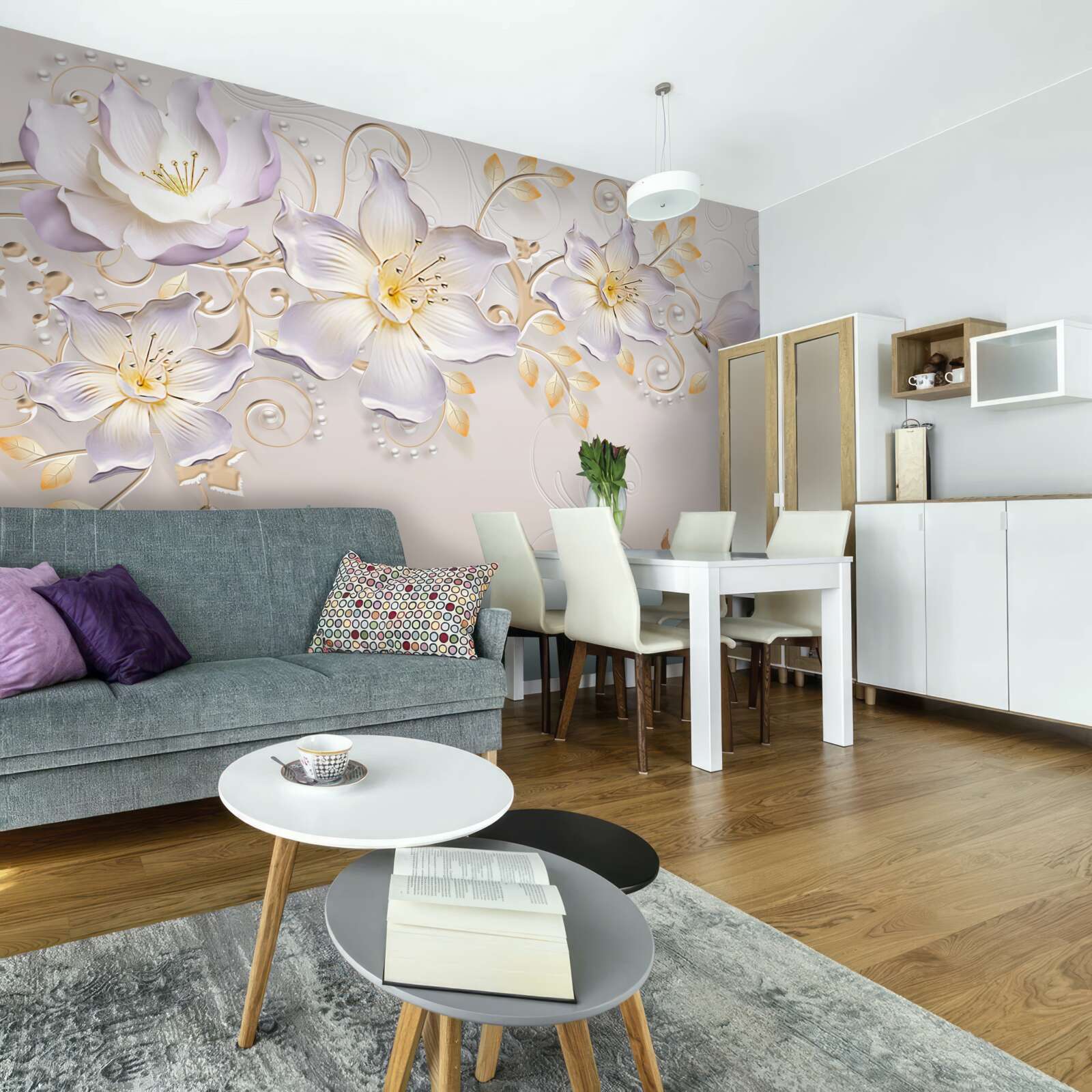 Fotobehang Sneeuwwitte zwanen en lichte knoppen