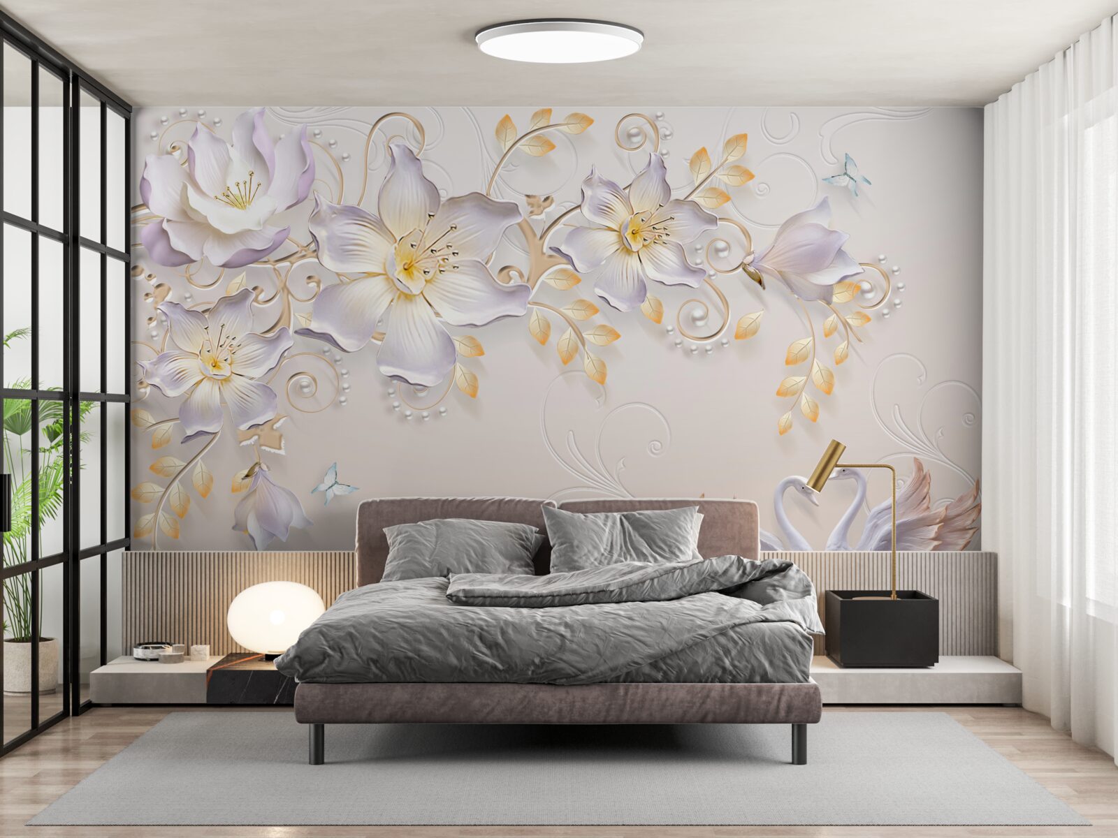 Fotobehang Sneeuwwitte zwanen en lichte knoppen