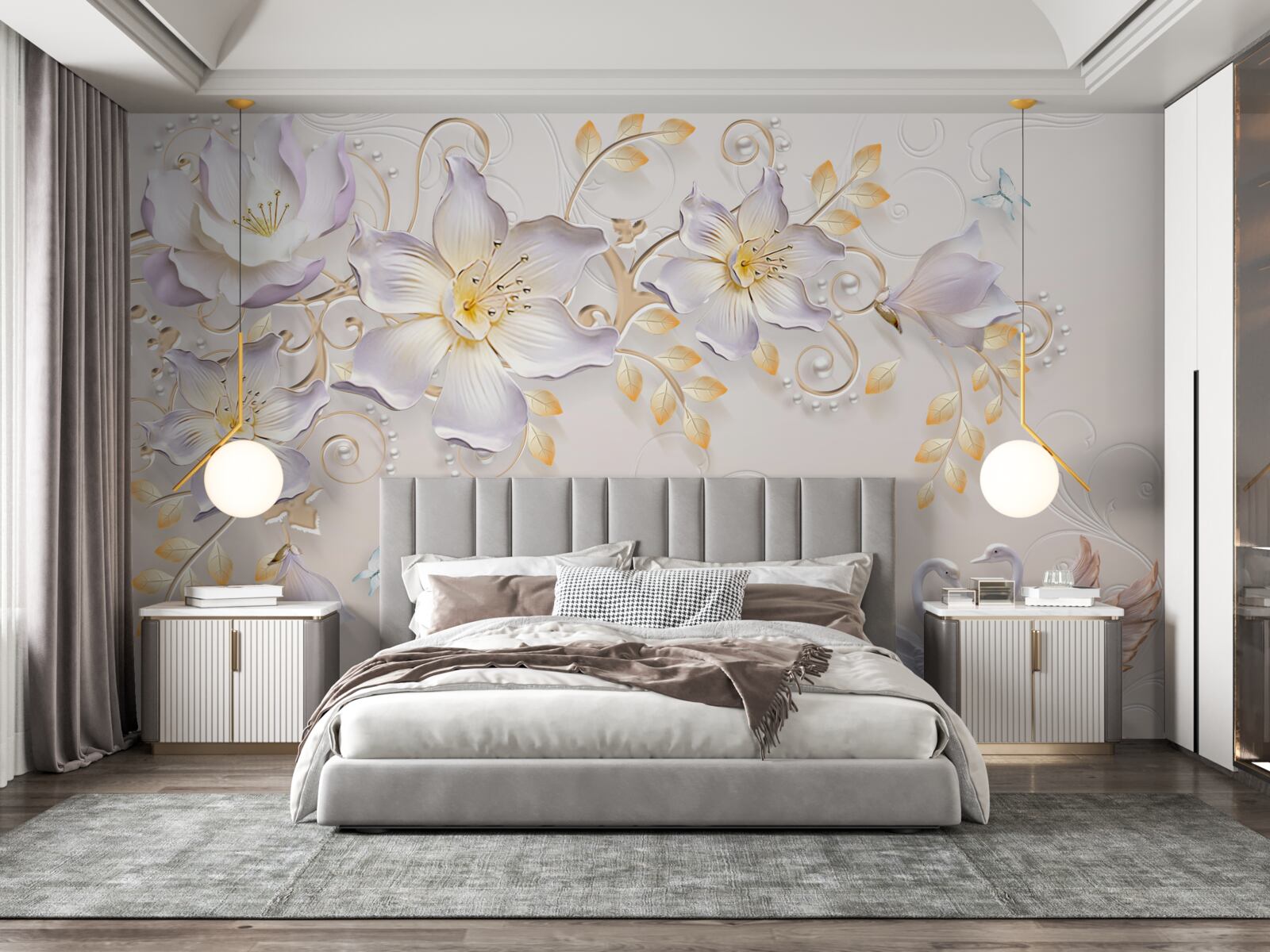 Fotobehang Sneeuwwitte zwanen en lichte knoppen