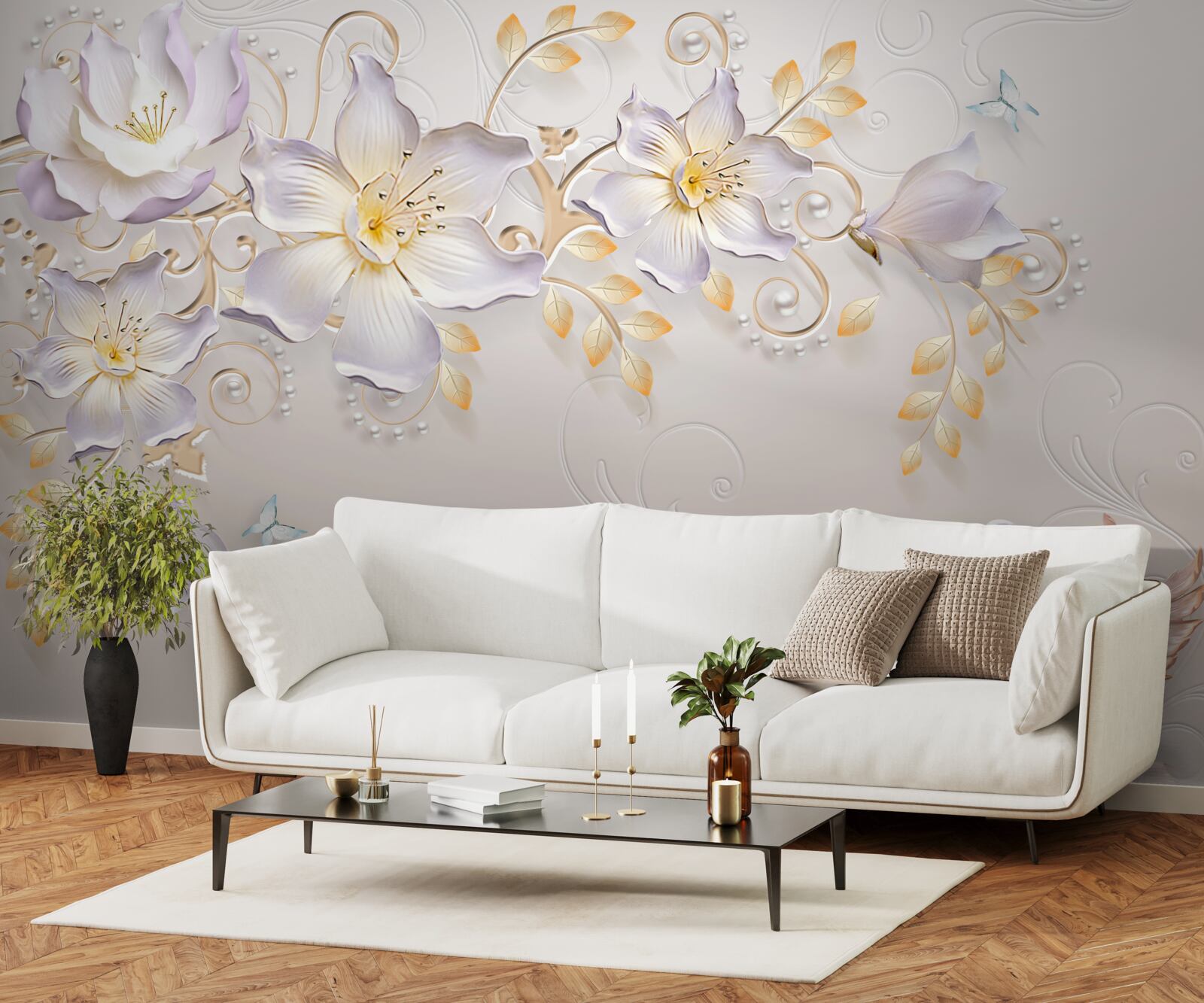 Fotobehang Sneeuwwitte zwanen en lichte knoppen