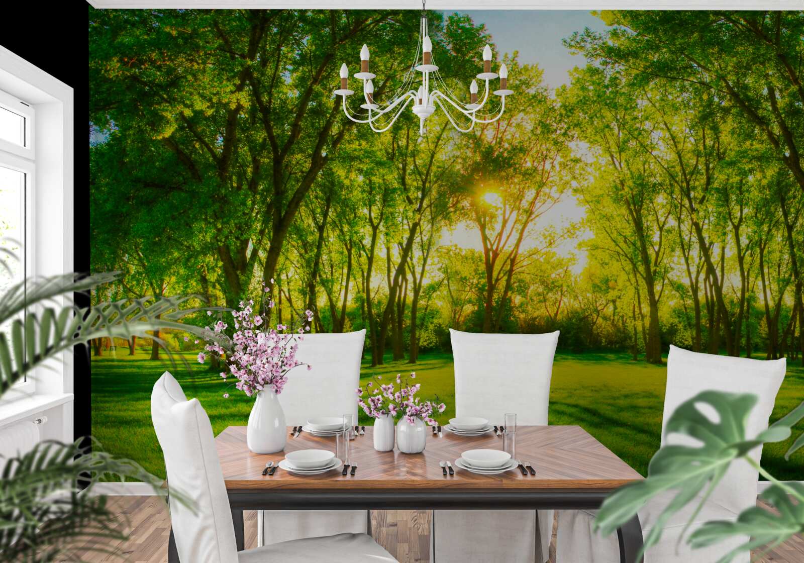 Fotobehang in het heldere palet van een groen ochtendbos