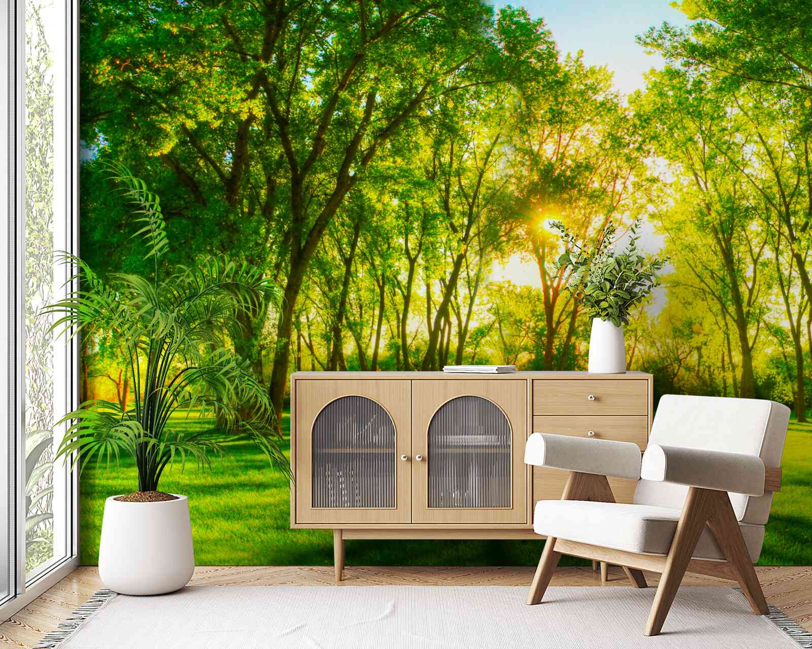 Fotobehang in het heldere palet van een groen ochtendbos