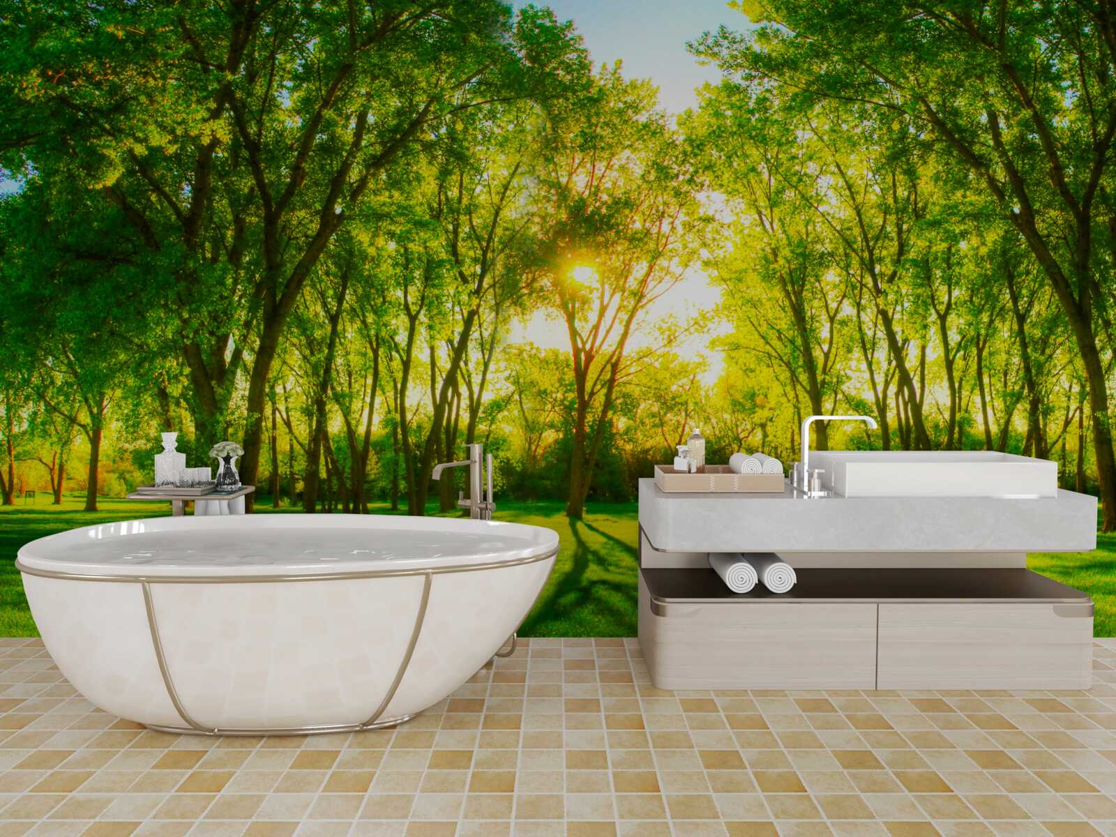 Fotobehang in het heldere palet van een groen ochtendbos