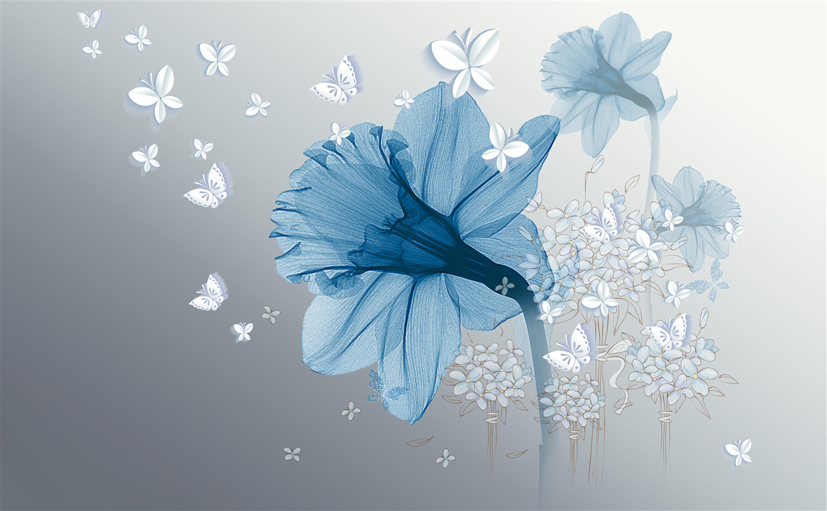 Fotobehang blauwe bloemen worden omringd door witte vlinders