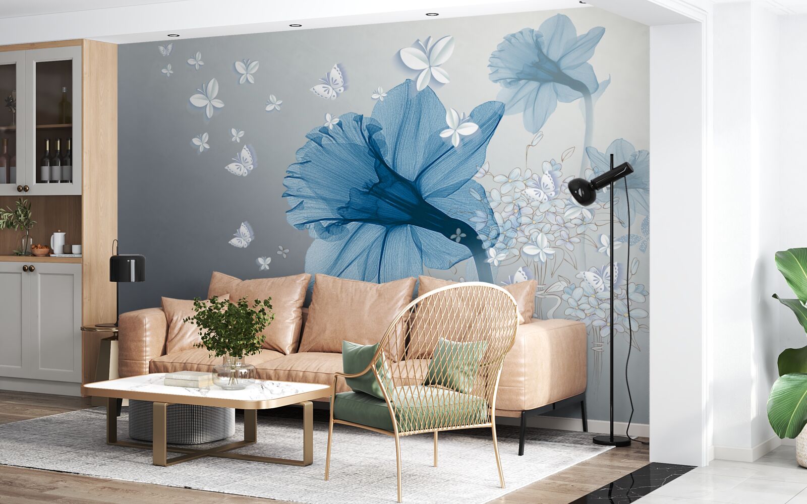 Fotobehang blauwe bloemen worden omringd door witte vlinders