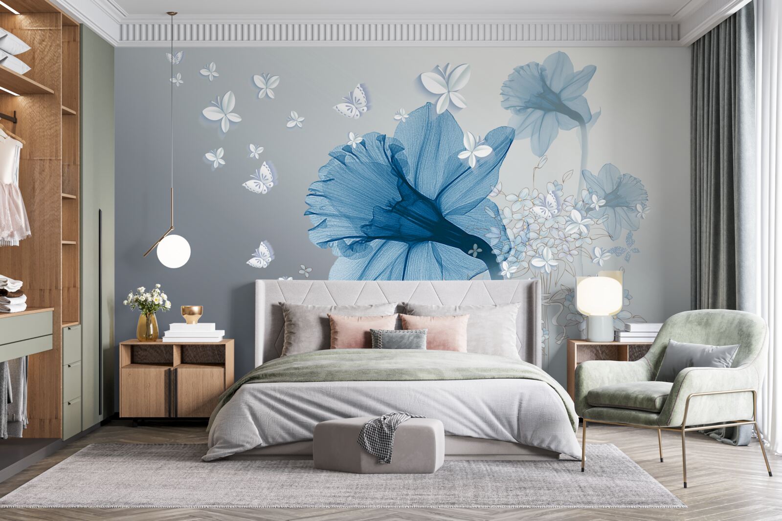 Fotobehang blauwe bloemen worden omringd door witte vlinders