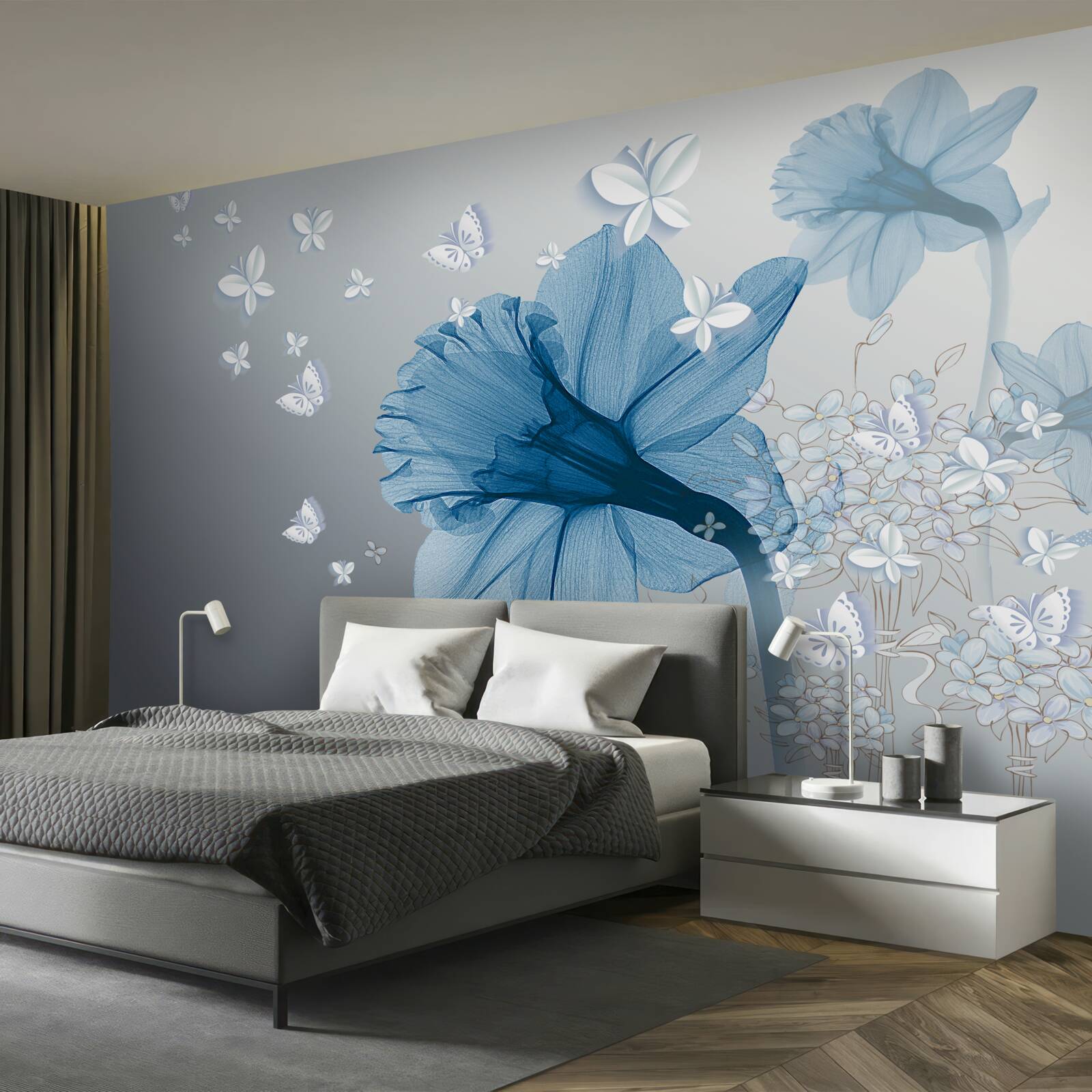 Fotobehang blauwe bloemen worden omringd door witte vlinders