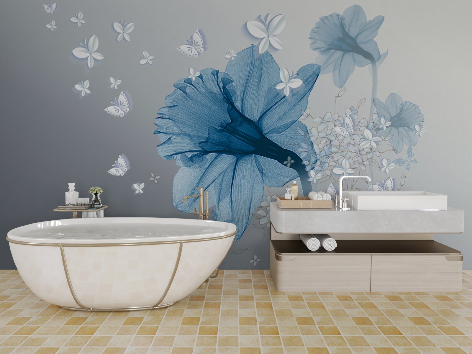 Fotobehang blauwe bloemen worden omringd door witte vlinders