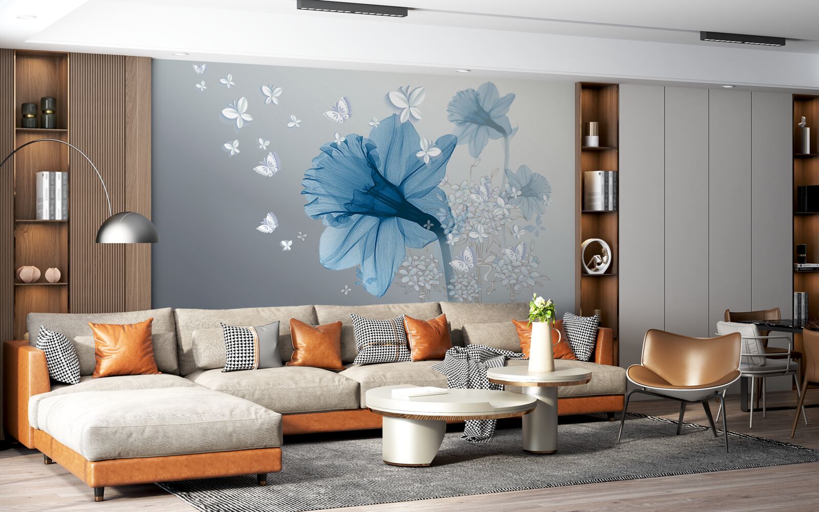 Fotobehang blauwe bloemen worden omringd door witte vlinders