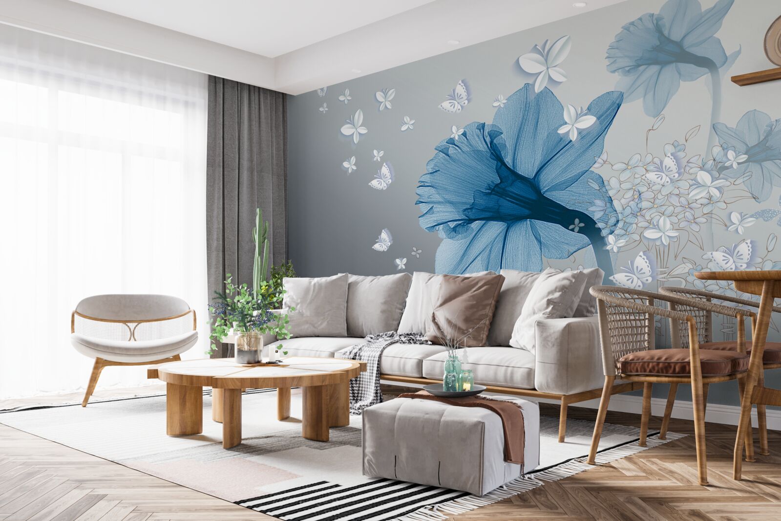 Fotobehang blauwe bloemen worden omringd door witte vlinders