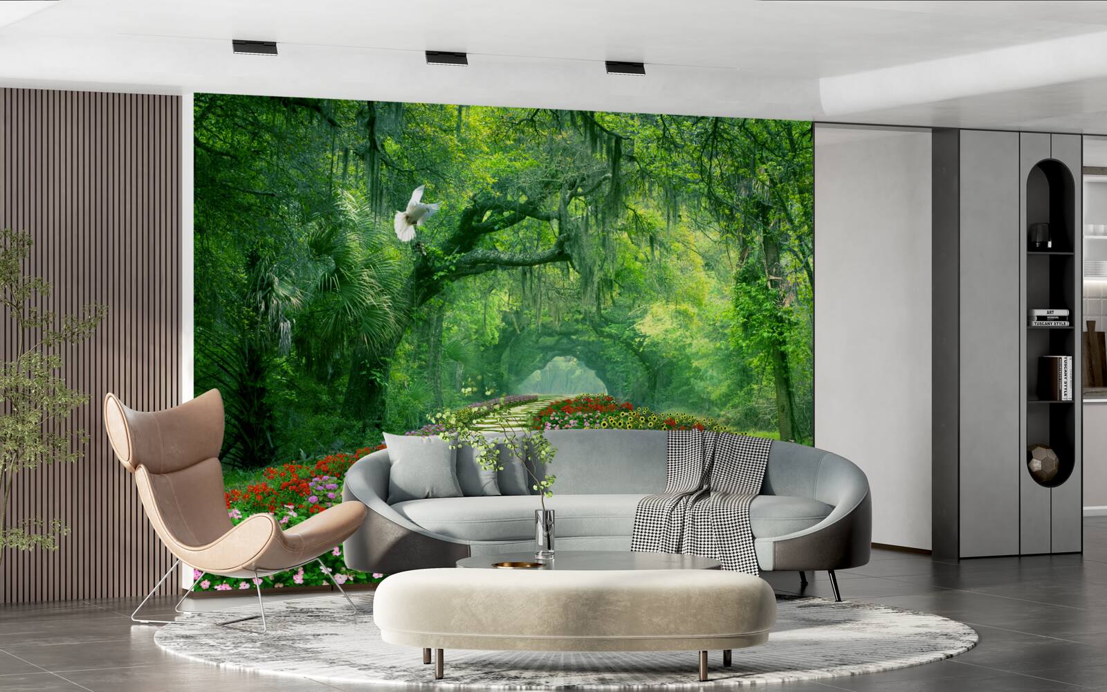 Fotobehang een kleurrijk tropisch pad bezaaid met bloemen door het bos