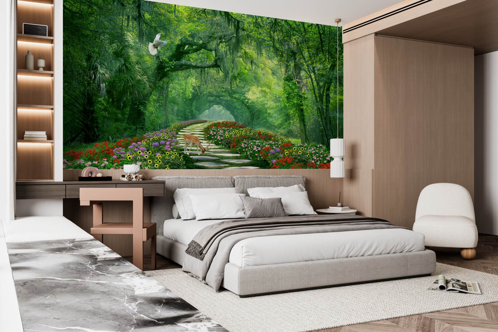 Fotobehang een kleurrijk tropisch pad bezaaid met bloemen door het bos