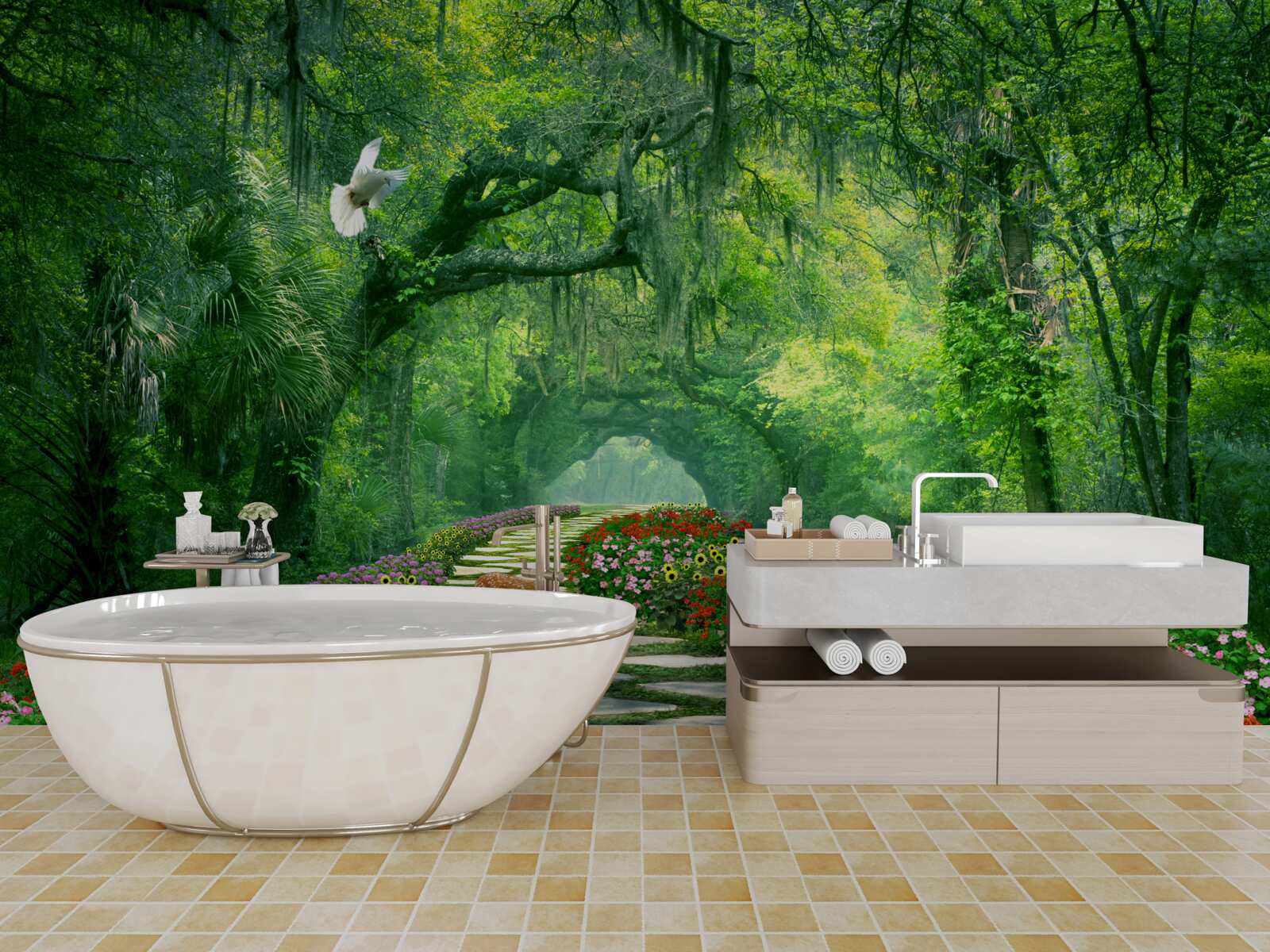 Fotobehang een kleurrijk tropisch pad bezaaid met bloemen door het bos