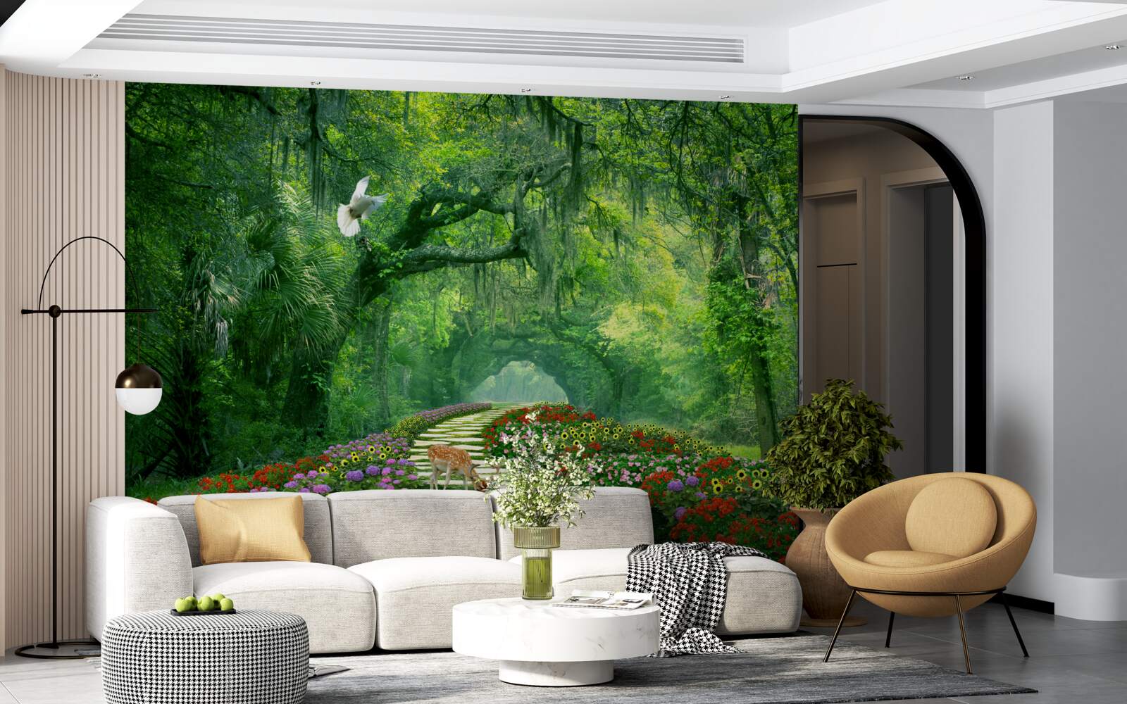 Fotobehang een kleurrijk tropisch pad bezaaid met bloemen door het bos