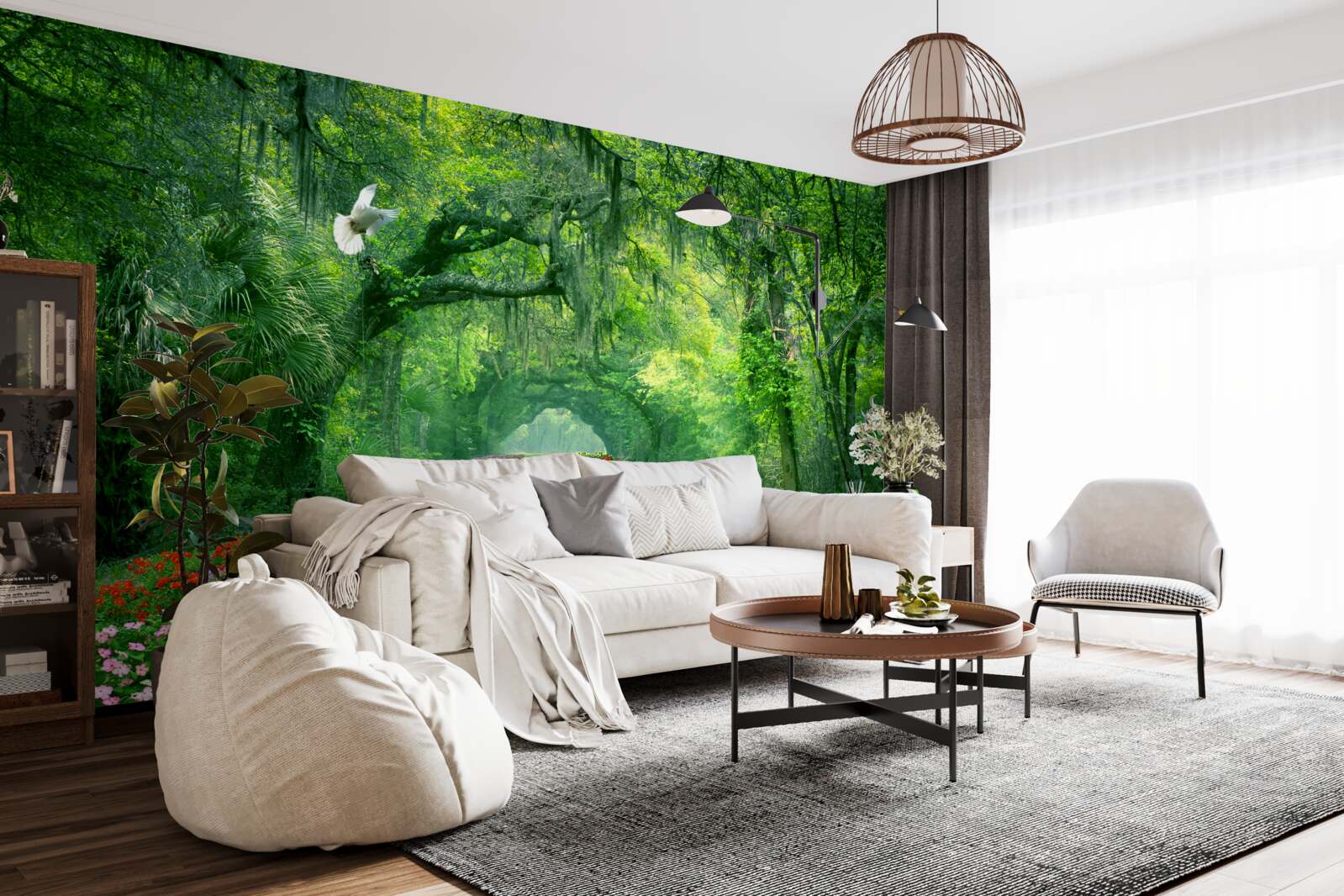 Fotobehang een kleurrijk tropisch pad bezaaid met bloemen door het bos