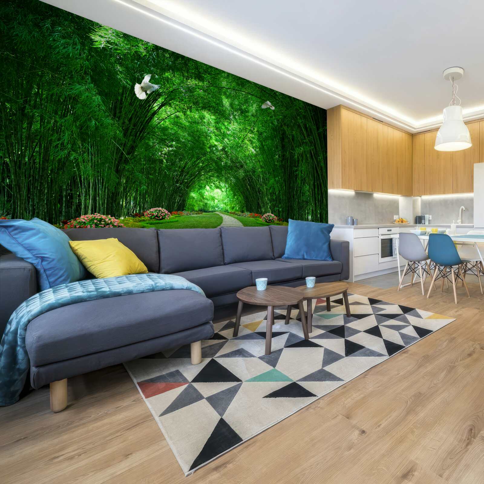 Fotobehang Pad door de tunnel gevormd door de boomtoppen