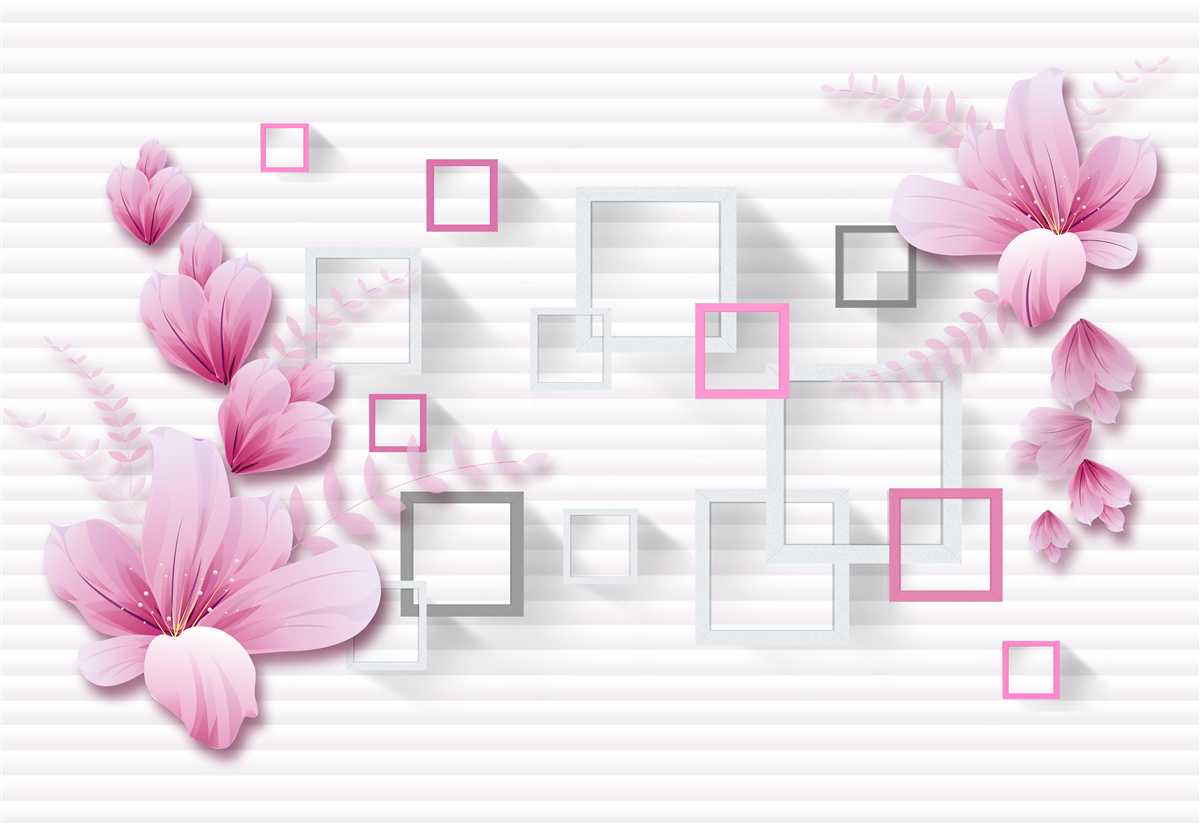 Fotobehang vierkanten en lila bloemen op sneeuwwitte baksteen