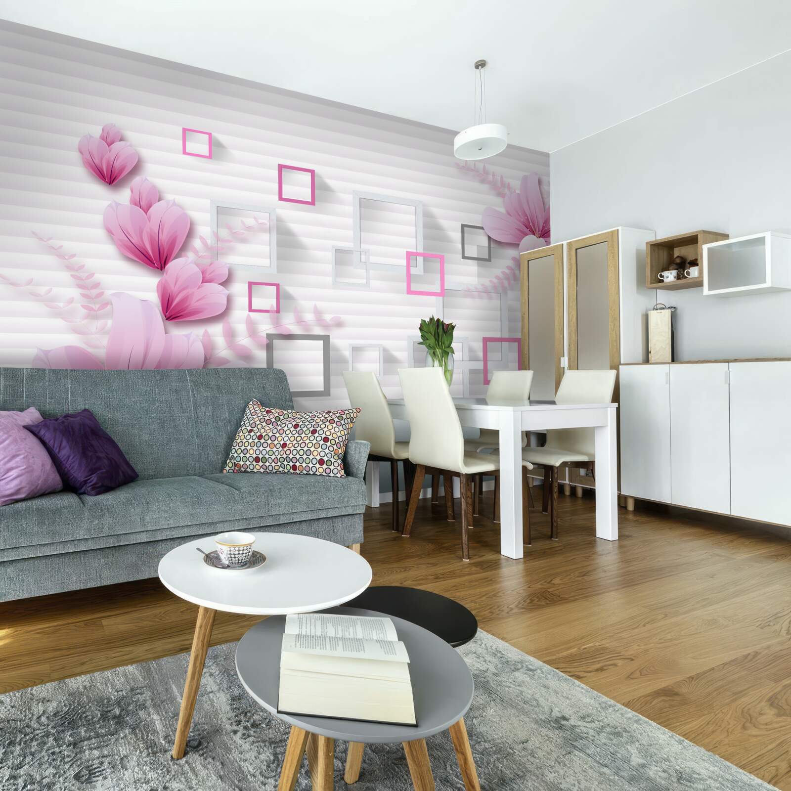 Fotobehang vierkanten en lila bloemen op sneeuwwitte baksteen