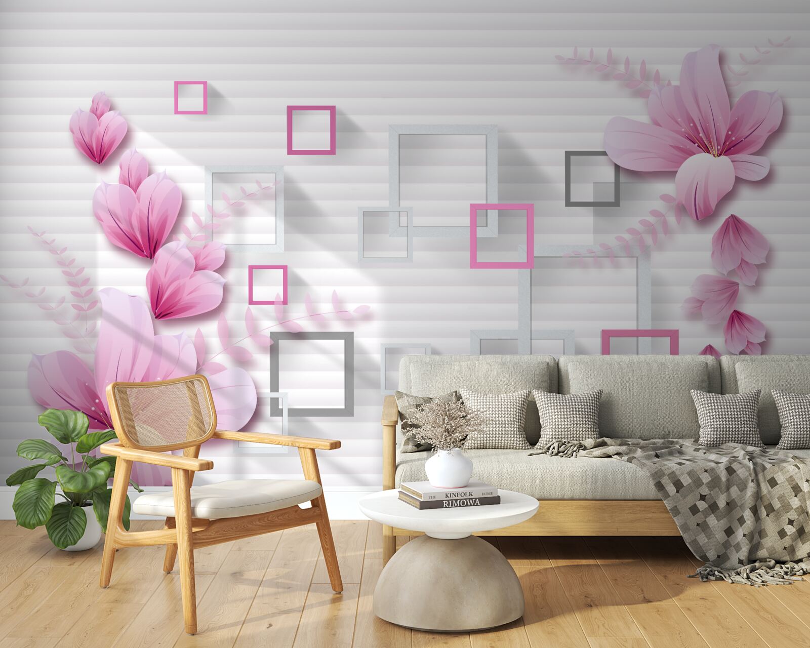 Fotobehang vierkanten en lila bloemen op sneeuwwitte baksteen