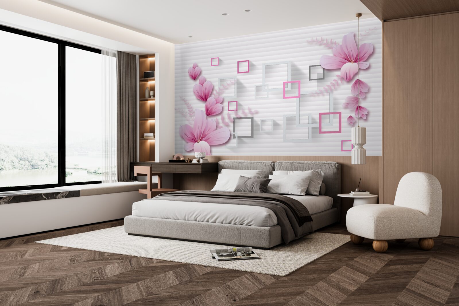 Fotobehang vierkanten en lila bloemen op sneeuwwitte baksteen