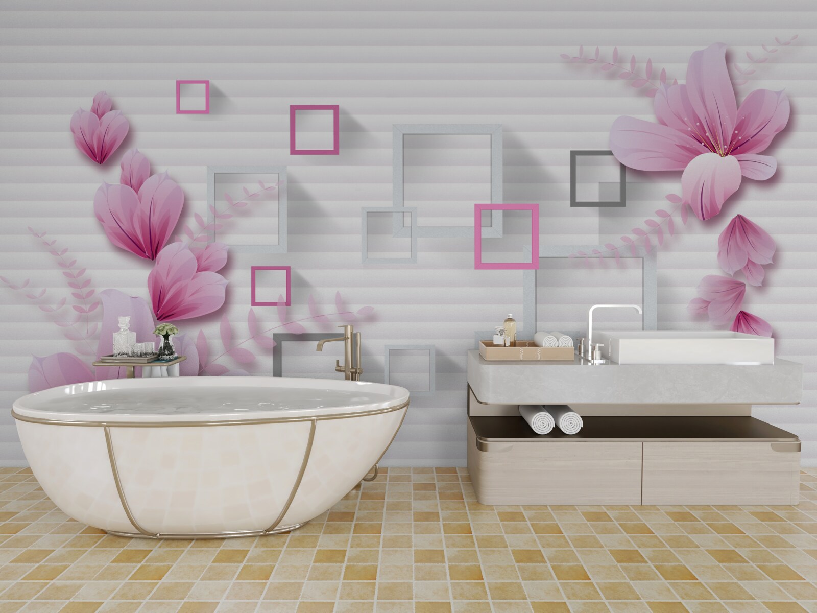 Fotobehang vierkanten en lila bloemen op sneeuwwitte baksteen