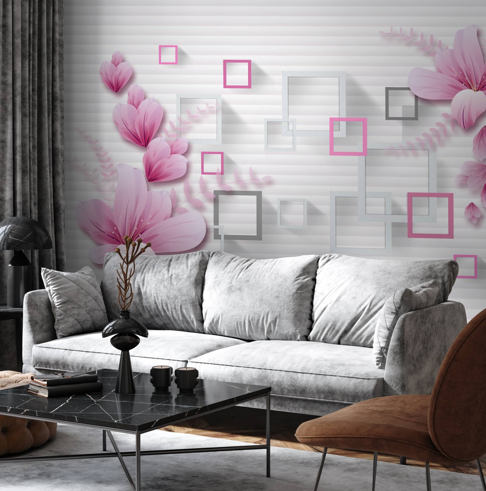 Fotobehang vierkanten en lila bloemen op sneeuwwitte baksteen